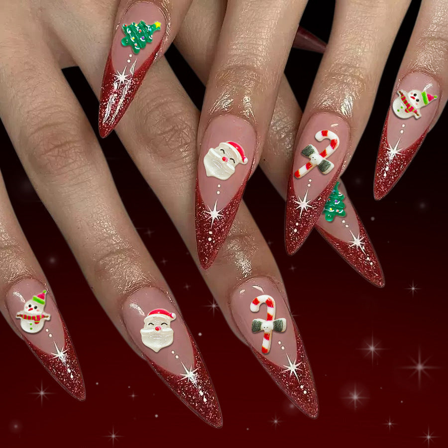 Festive Holiday Nail Art Red Glitter Long Almond Shape Press on Set with Charming Christmas Character Decorations