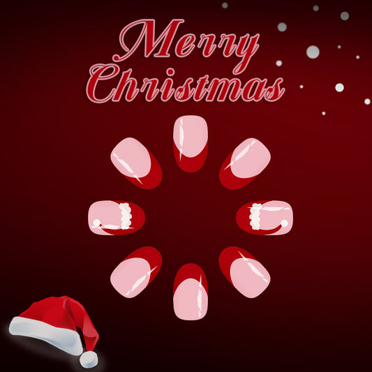 Festive Charm Medium Oval Red and Pink Press on Nail Set with Whimsical Santa Detailing