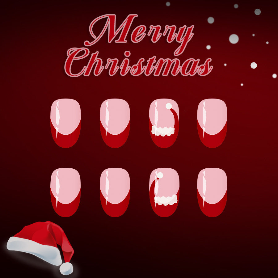 Festive Charm Medium Oval Red and Pink Christmas Themed Nail Set with Whimsical Santa Designs
