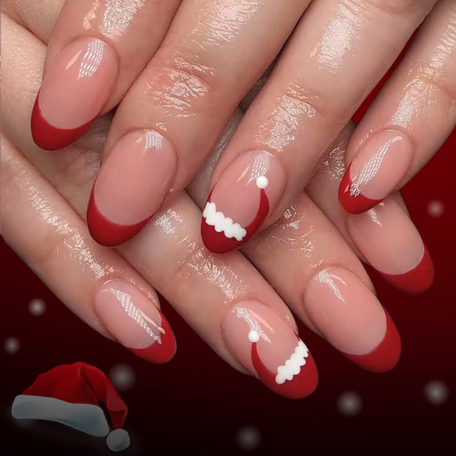 Festive Holiday Glam Medium Oval Shape Red and Beige Nail Tips with Santa Hat Design