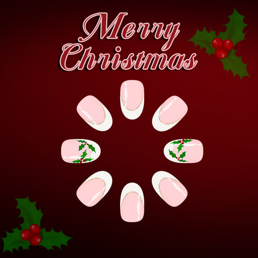 Festive Charm Medium Oval Blush Pink with Holly Accent Press On Nail Set
