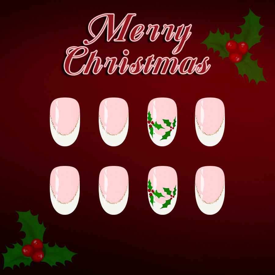 Festive Delight Medium Oval Pink with Holly Design Press On Nail Set