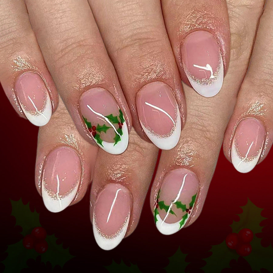 Festive Elegance Medium Oval Pink with White Tips and Holly Accent Press-On Nail Set