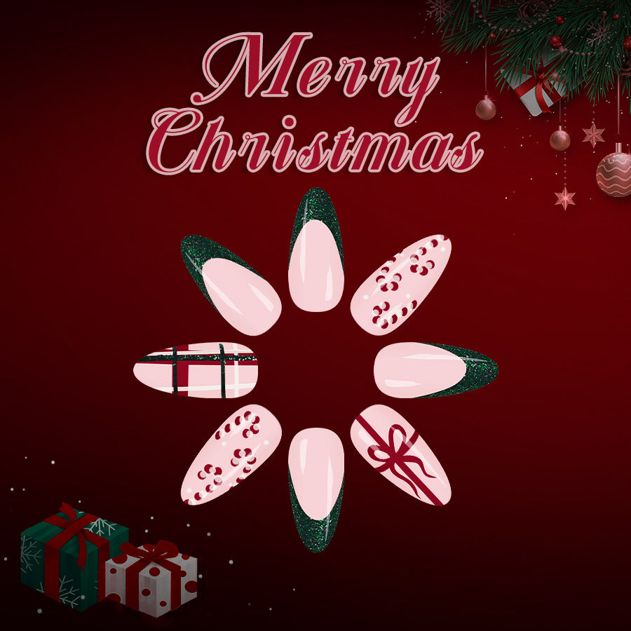 Festive Glamour Long Almond Pink with Green Glitter and Christmas Themed Designs Press-On Nail Set