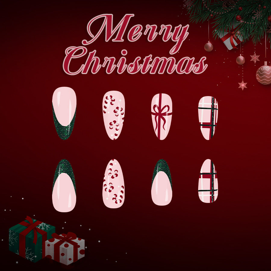 Festive Elegance Long Almond Green and Pink Candy Cane Themed Press-On Nail Set
