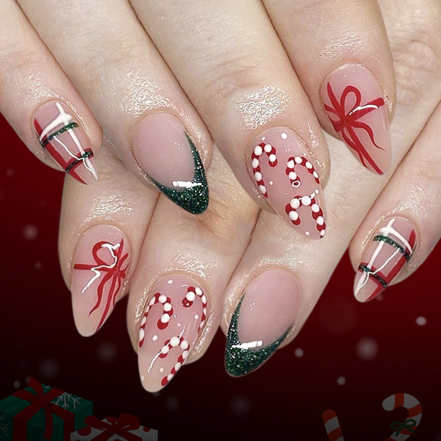 Festive Chic Long Almond Green Glitter and Candy Cane Red Bow Press on Nail Set