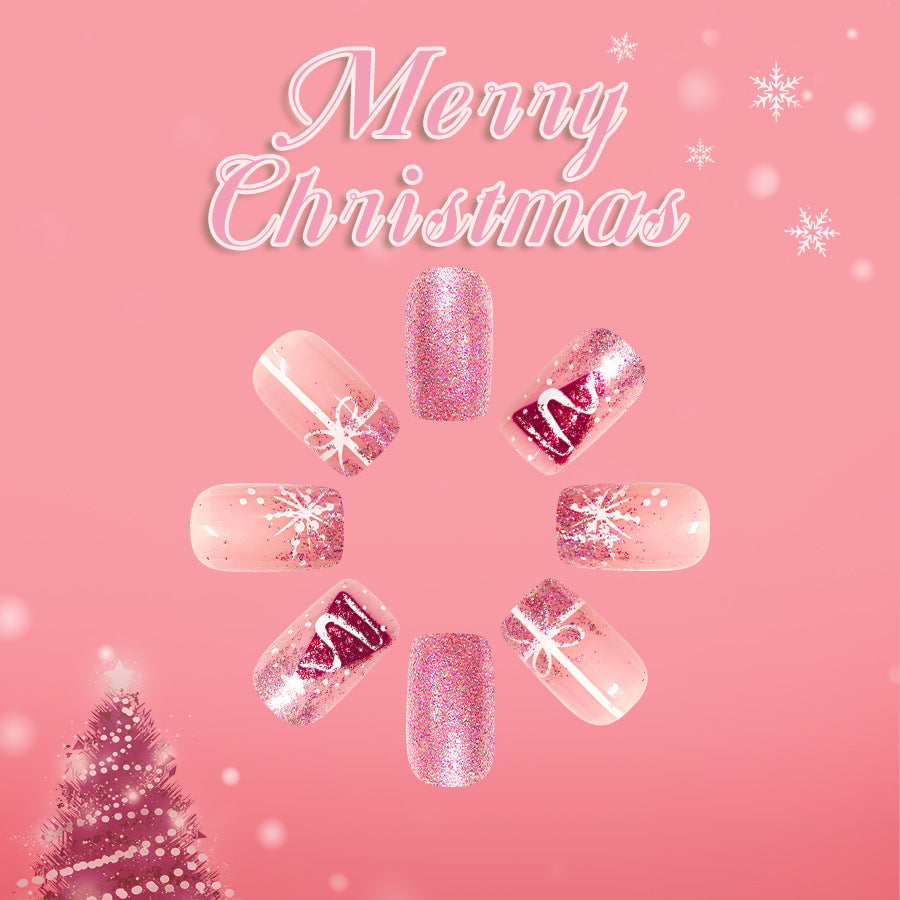 Festive Elegance Pink Medium Square Glittery Nail Press Set with Winter Wonderland Designs