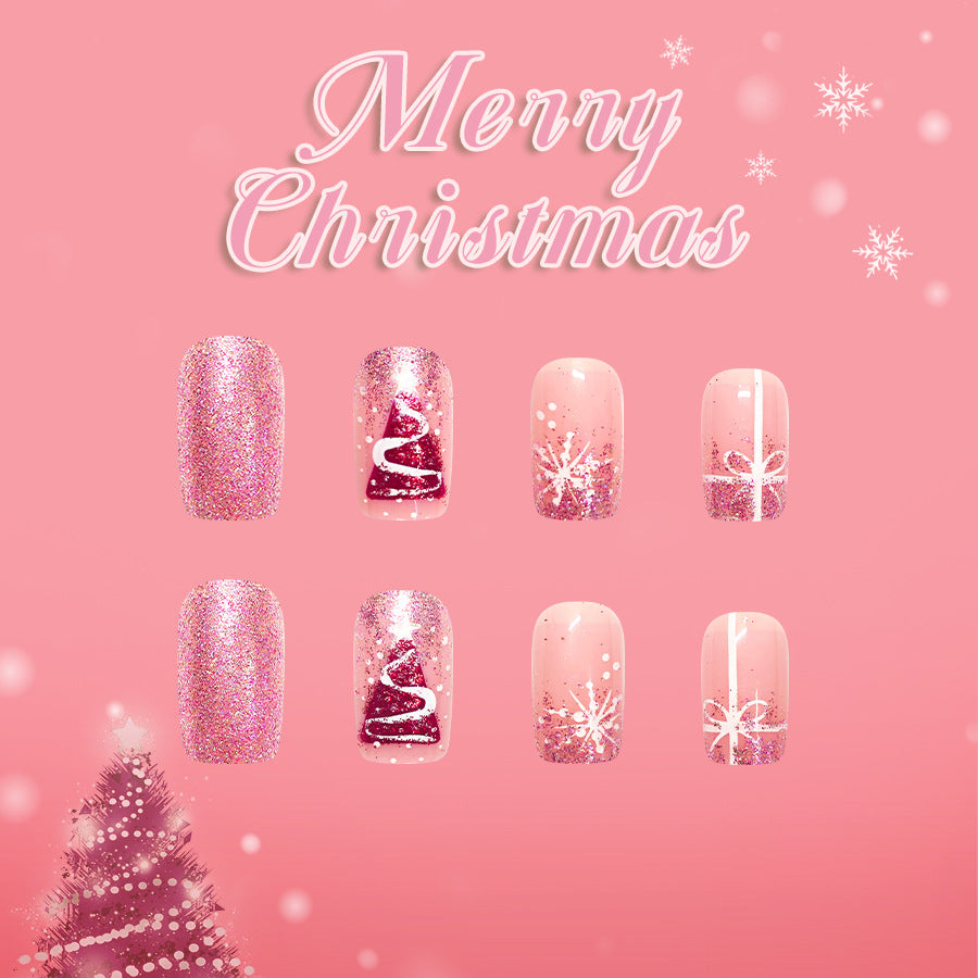 Festive Glamour Medium Square Pink Shimmer with Christmas Themes Nail Art Set