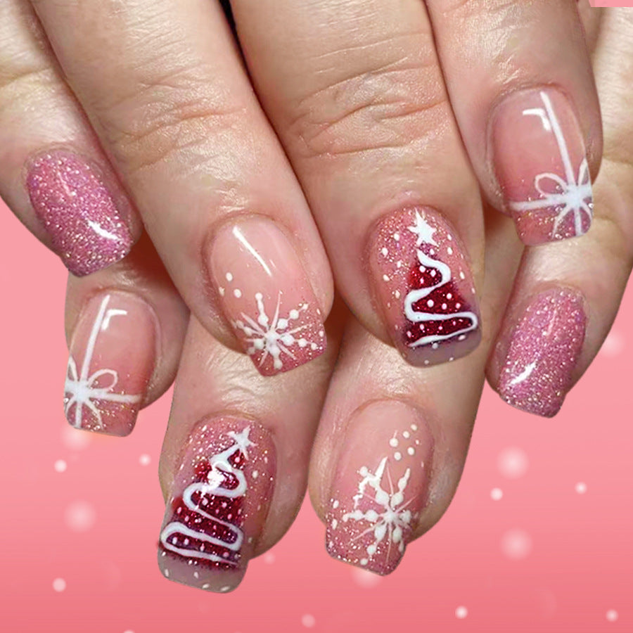 Festive Glamour Medium Square Pink with Sparkling Snowflakes and Whimsical Christmas Designs Press On Nail Set