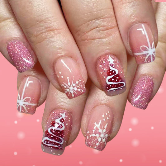 Festive Glamour Medium Square Pink with Sparkling Snowflakes and Whimsical Christmas Designs Press On Nail Set