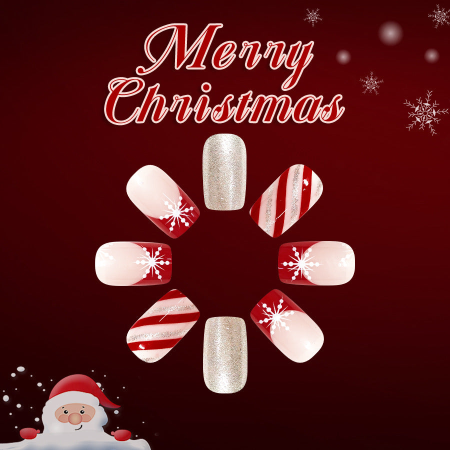 Festive Winter Elegance Medium Square Red and White with Glittering Snowflake Design Press-On Nail Set