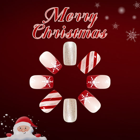 Festive Winter Elegance Medium Square Red and White with Glittering Snowflake Design Press-On Nail Set
