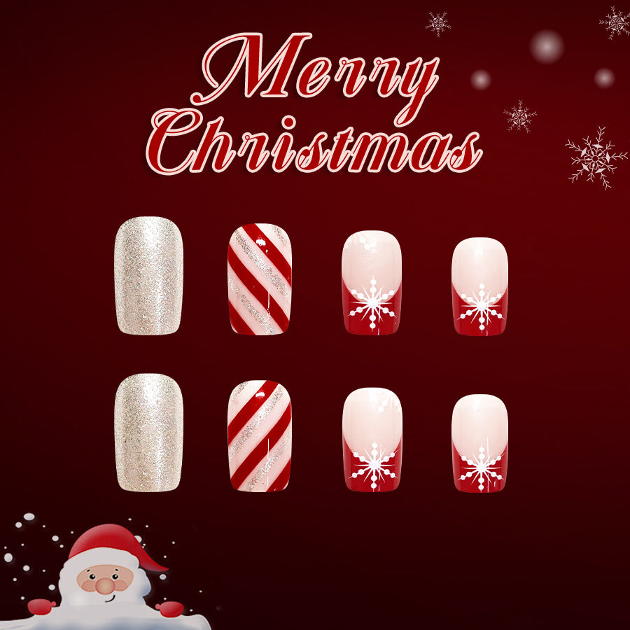 Festive Holiday Spirit Medium Square Red and White Glittery Snowflake Press On Nail Set