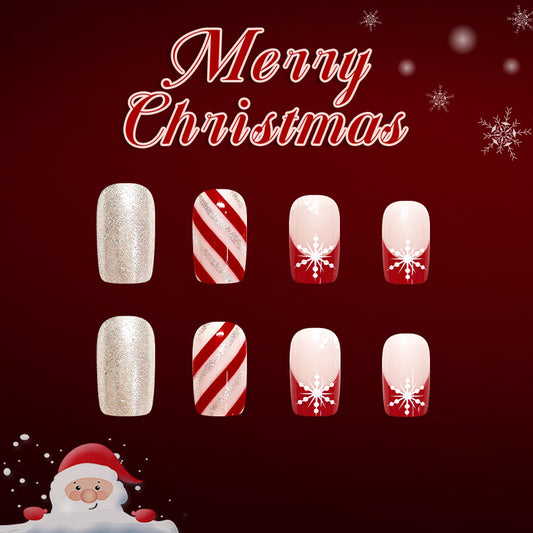 Festive Holiday Spirit Medium Square Red and White Glittery Snowflake Press On Nail Set