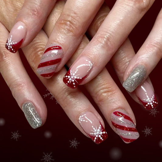 Festive Winter Wonderland Medium Square Red and Silver Glittery Striped Nail Set