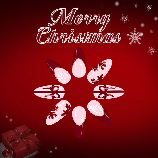 Festive Glamour Long Almond Burgundy and Pink Nails with Snowflake and Ribbon Accents