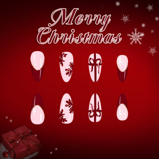 Festive Cheer Long Almond Pink and Burgundy Press On Nail Set with Holiday Inspired Designs