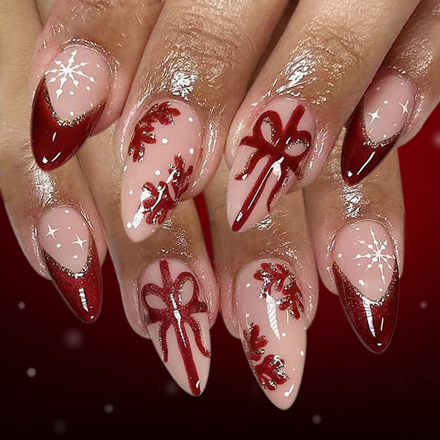 Festive Elegance Red Long Almond Long Press On Nail Set with Glittering Snowflake and Bow Design