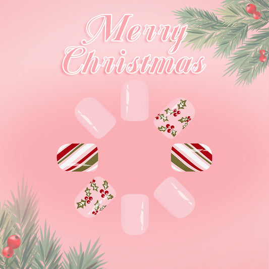 Festive Elegance SoftShort  Square Pink and Holiday Floral Design Press On Nail Set