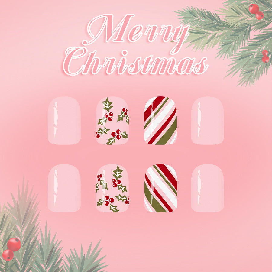 Festive Elegance Short Square Red and Green Holly Design Press On Nail Set
