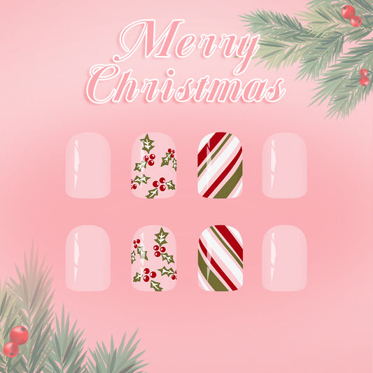 Festive Elegance Short Square Red and Green Holly Design Press On Nail Set