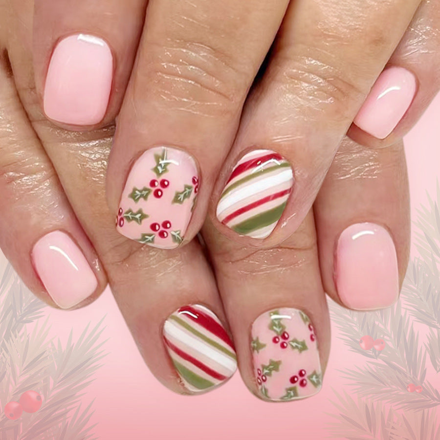 Holiday Glamour Short Square Soft Pink with Festive Holly and Candy Stripe Design Press On Nail Set