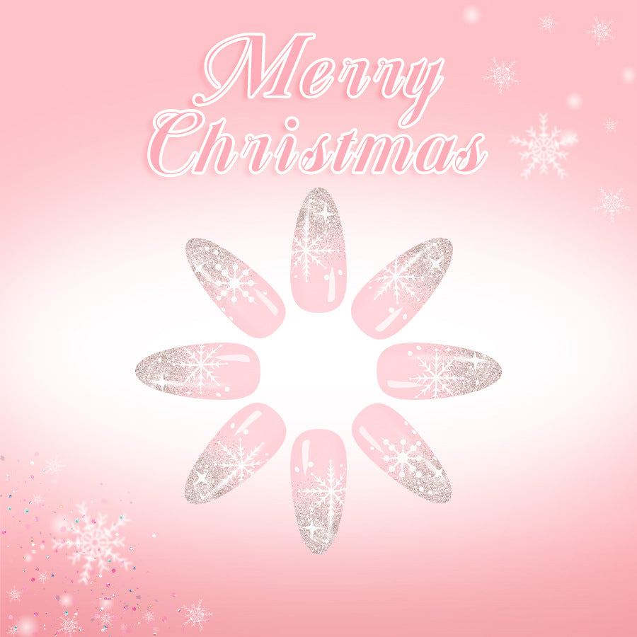 Charming Winter Wonderland Long Almond Pink with Snowflake Glitter Press On Nail Set