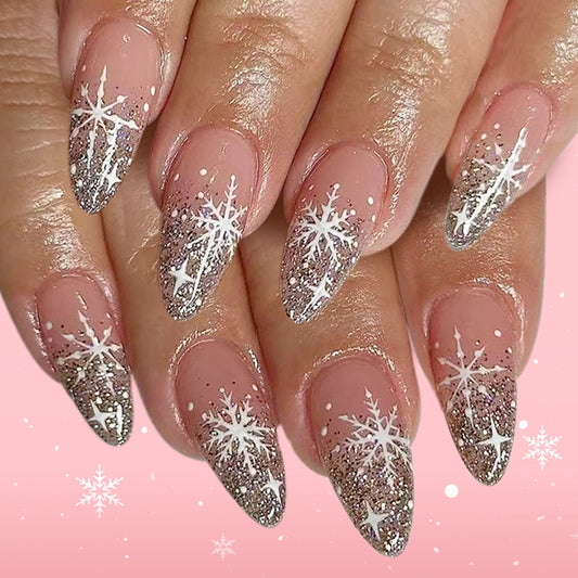 Winter Wonderland Elegant Long Almond Silver Glitter Press On Nail Set with Intricate Snowflake Designs