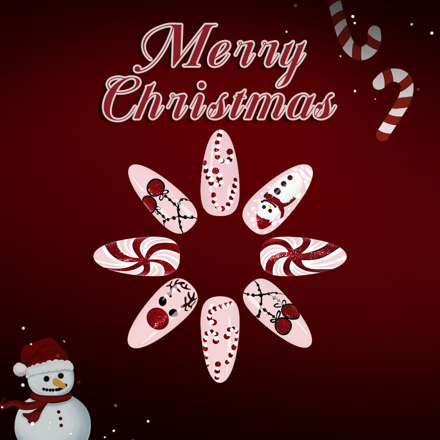 Festive Holiday Long Almond Red and Pink Candy Cane Themed Press On Nail Set