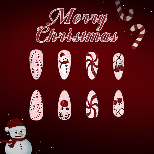 Festive Winter Wonderland Long Almond Bright Red with Whimsical Snowman Design Press on Nail Set