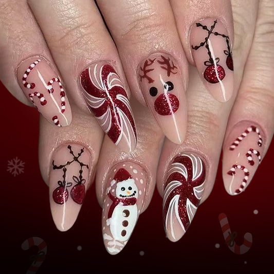 Holiday Magic Long Almond Red Glittery Candy Theme Press On Nail Set