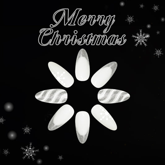 Winter Wonderland Long Almond White Nail Set with Glittery Silver Tips and Festive Snowflake Design