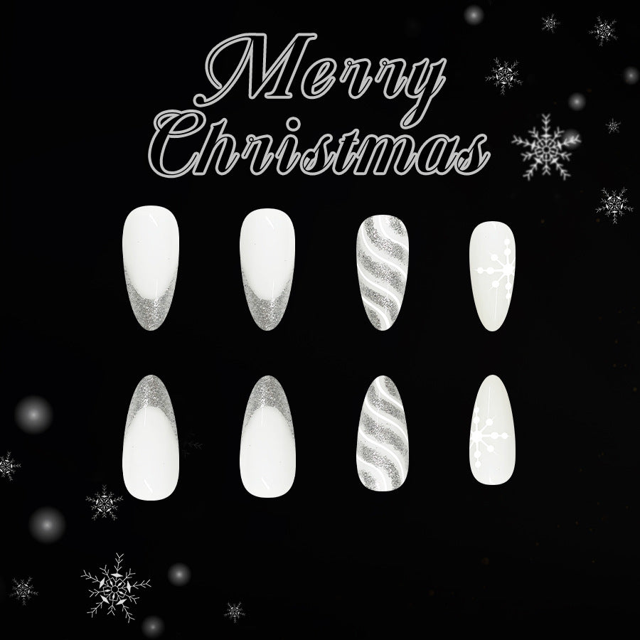Winter Wonderland Long Almond White with Silver Glitter and Festive Designs Press-On Nail Set