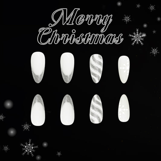 Winter Wonderland Long Almond White with Silver Glitter and Festive Designs Press-On Nail Set
