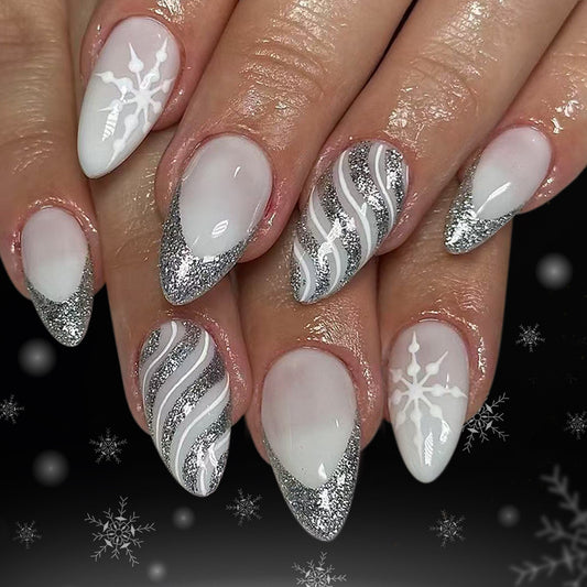 Winter Wonderland Elegant Long Almond White and Silver Glitter Ombre Nail Set with Intricate Snowflake Design