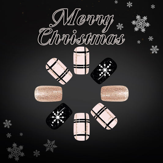 Winter Wonderland Elegant Medium Square Glittery Pink and Black Snowflake Press-On Nail Set