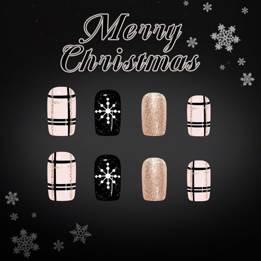 Festive Winter Wonderland Medium Square Pink Gold and Black Snowflake Press-On Nail Set
