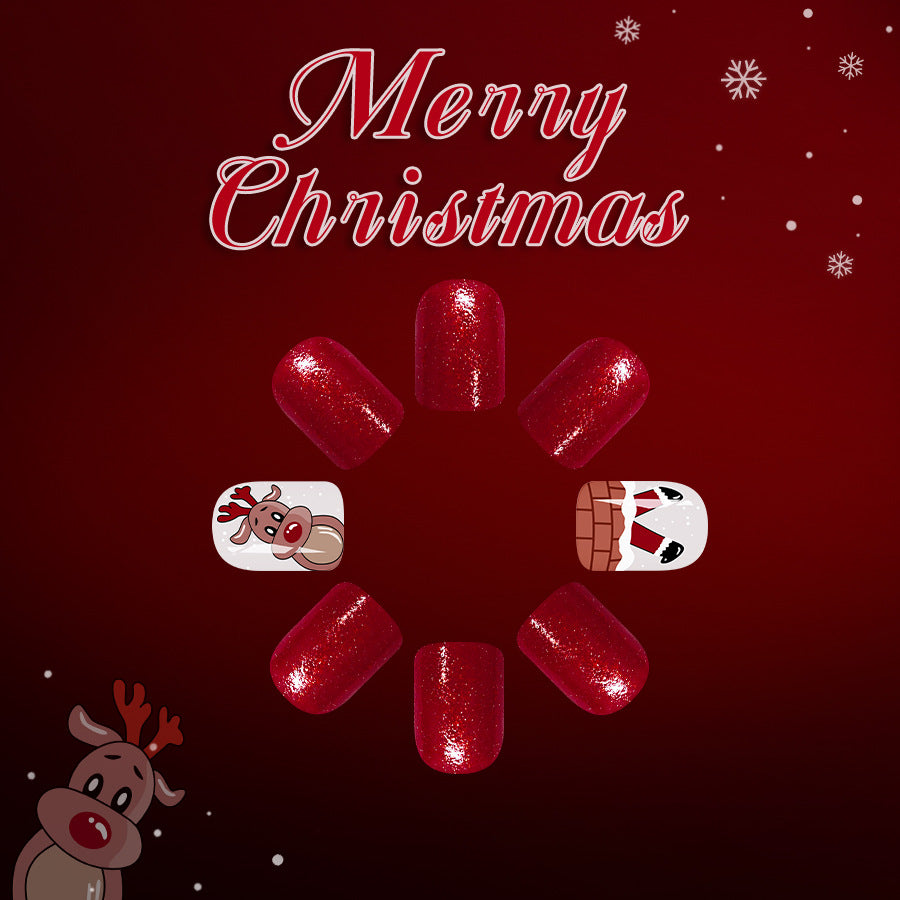 Festive Elegance Short Square Glittery Red Nail Set with Christmas Character Designs