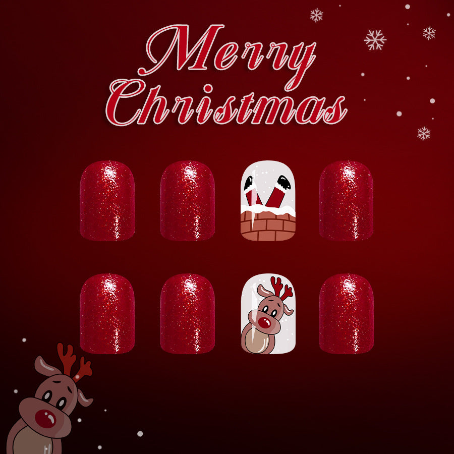 Festive Christmas Short Square Red Sparkling Design with Cute Reindeer and Chimney Detail Press On Nail Set