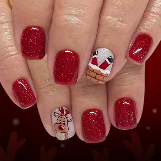 Festive Wonderland Square Short Shimmering Red with Adorable Reindeer Design Press on Nail Set