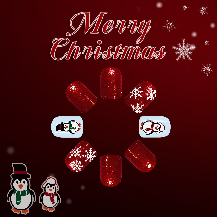Festive Winter Wonderland Short Square Shimmering Red with Snowflake and Penguin Designs Press-On Nail Set
