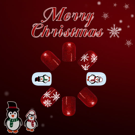 Festive Winter Wonderland Short Square Shimmering Red with Snowflake and Penguin Designs Press-On Nail Set