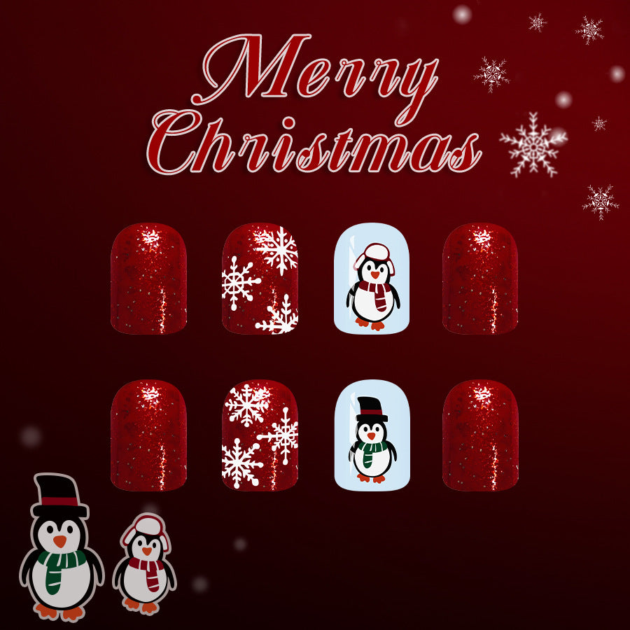 Christmas Cheer Red Short Square Sparkling Nails with Festive Penguin Designs