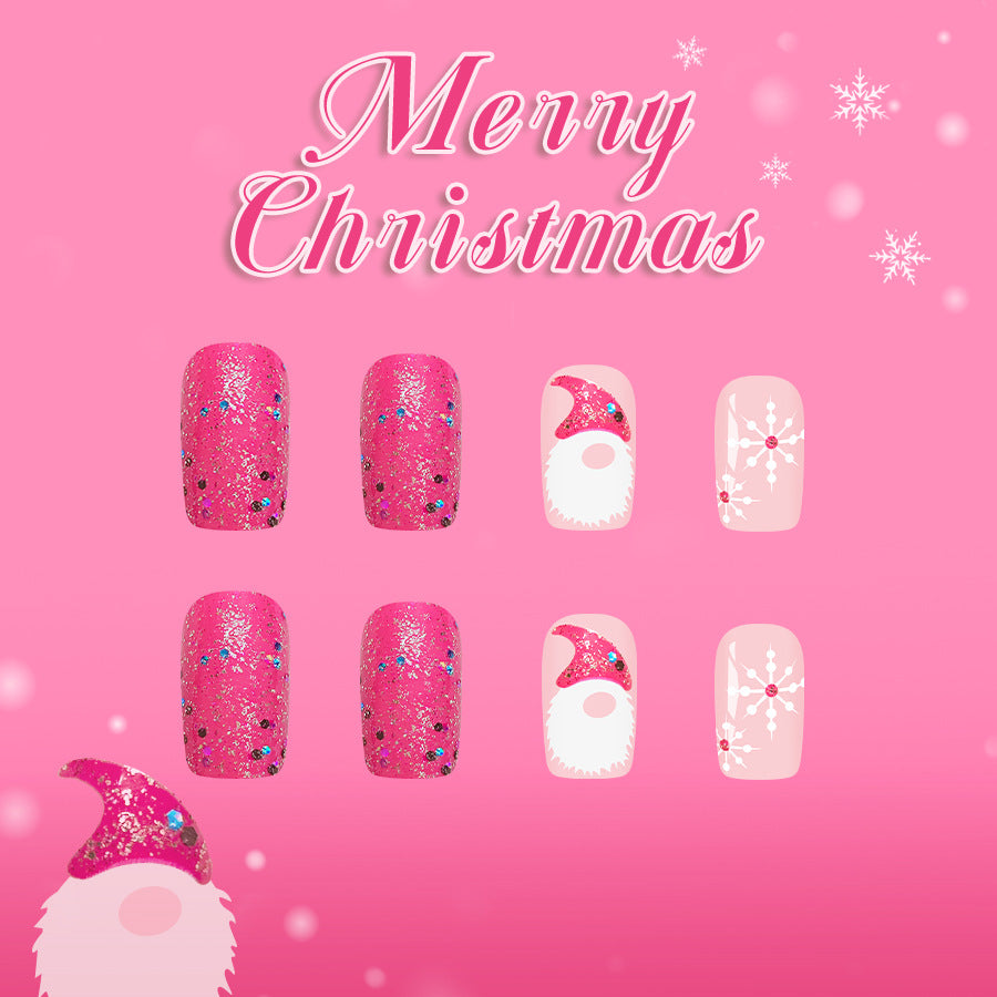 Whimsical Winter Wonderland Medium Square Pink Glittery Press-On Nail Set with Festive Christmas Designs