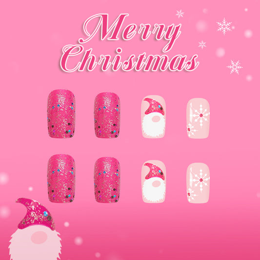 Whimsical Winter Wonderland Medium Square Pink Glittery Press-On Nail Set with Festive Christmas Designs