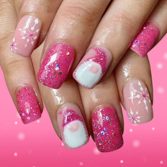 Festive Glamour Medium Square Pink Glitter Nails with Unique Santa Design and Sparkling Accents