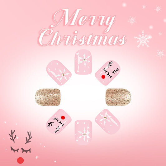 Merry Christmas Dreamy Short Square Pink Glitter Press on Nail Set with Festive Holiday Designs