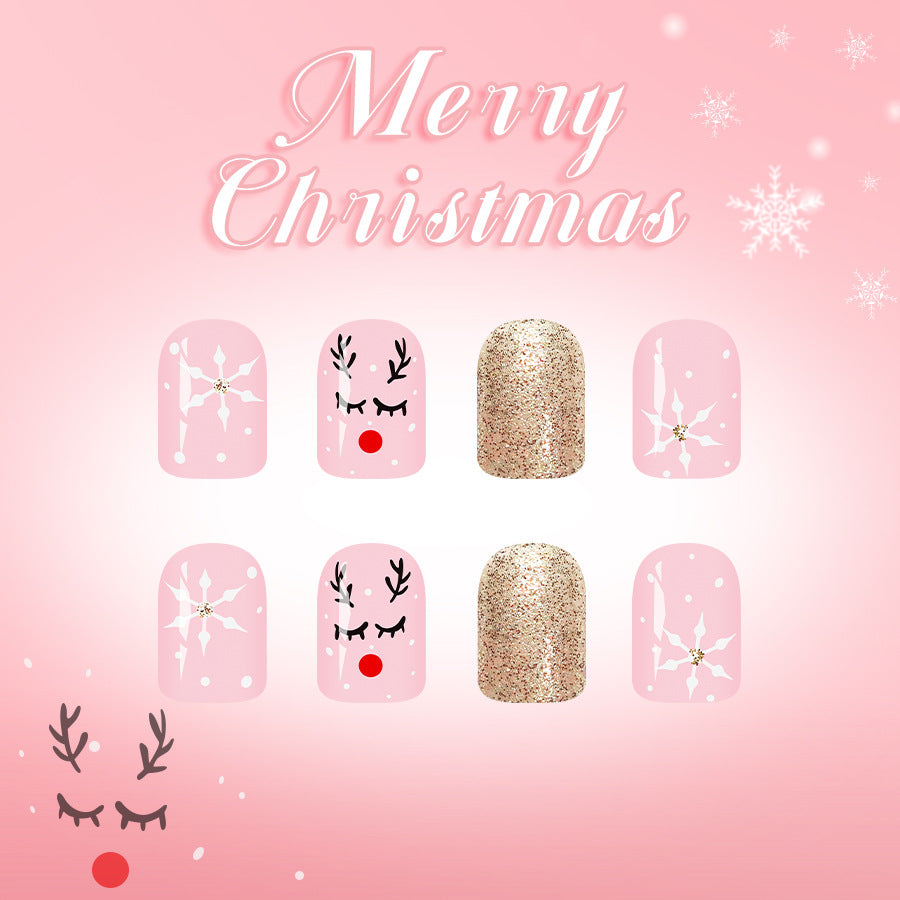 Festive Holiday Charm Short Square Pink and Gold Glitter with Whimsical Reindeer Design Press on Nail Set