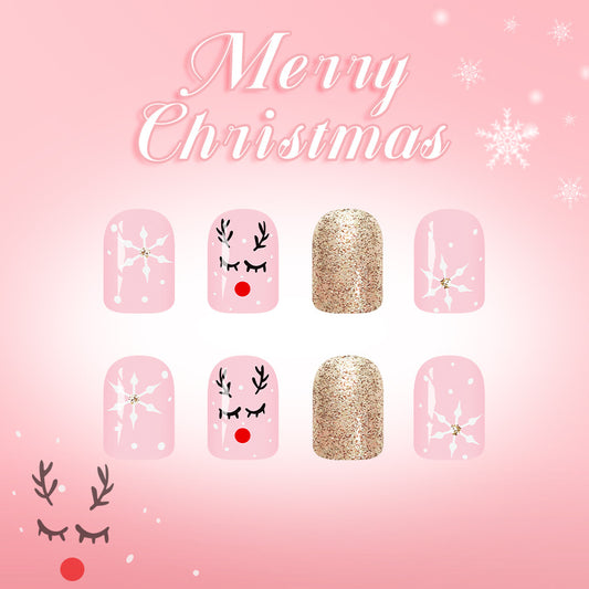 Festive Holiday Charm Short Square Pink and Gold Glitter with Whimsical Reindeer Design Press on Nail Set