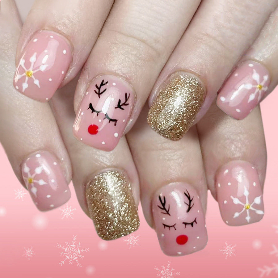 Winter Wonderland Short Square Beige and Gold Glitter Press On Nail Set with Festive Reindeer Design
